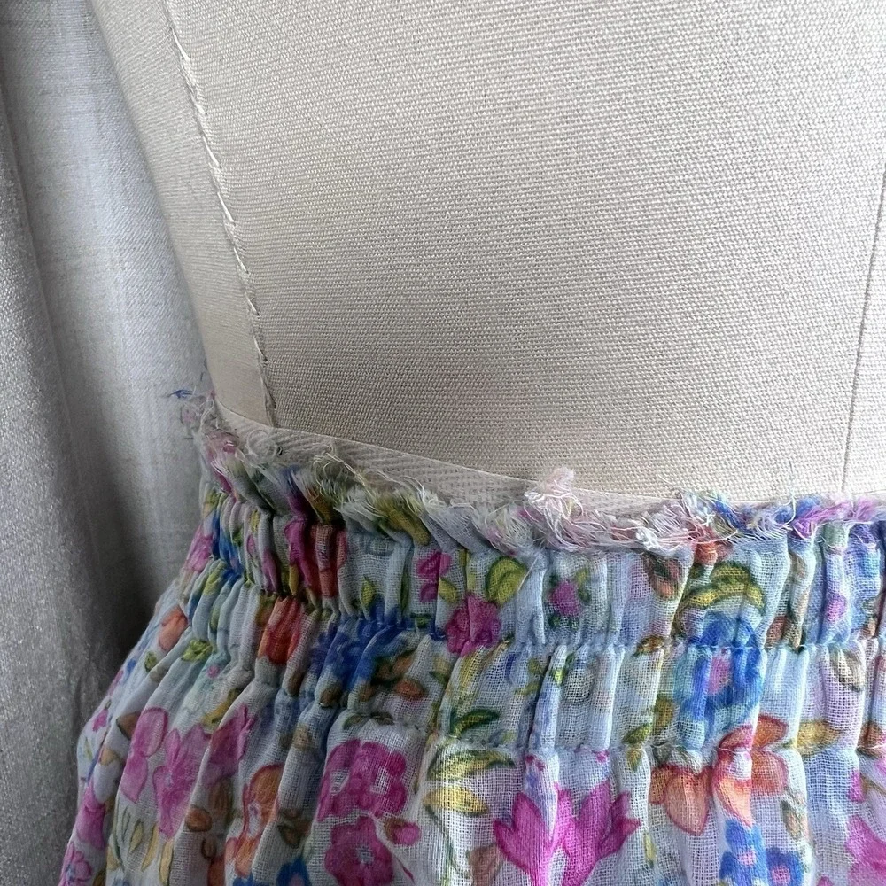 LoveShackFancy Ruffle Tiered Mini‎ Skirt Coral Reef Waves Floral Blue Small